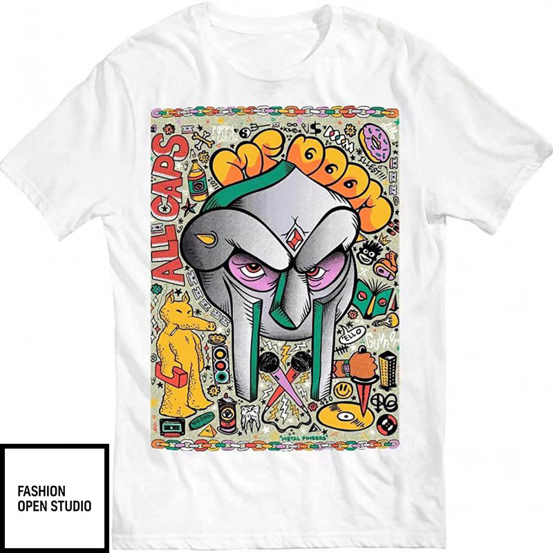 MF Doom T-Shirt All Caps Colorful Graphic White T-Shirt