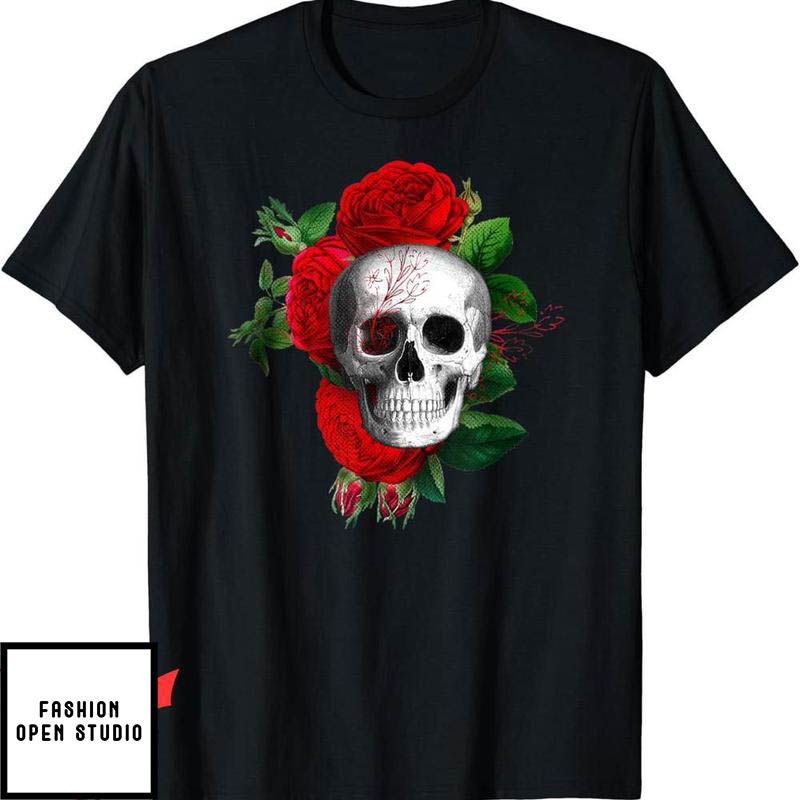 Blood Flower T-Shirt Red Rose Skull Art In Grunge Style