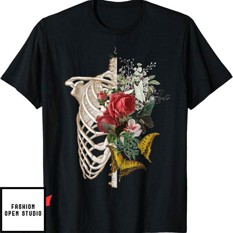 Blood Flower T-Shirt Skeleton Body Red Roses Flower