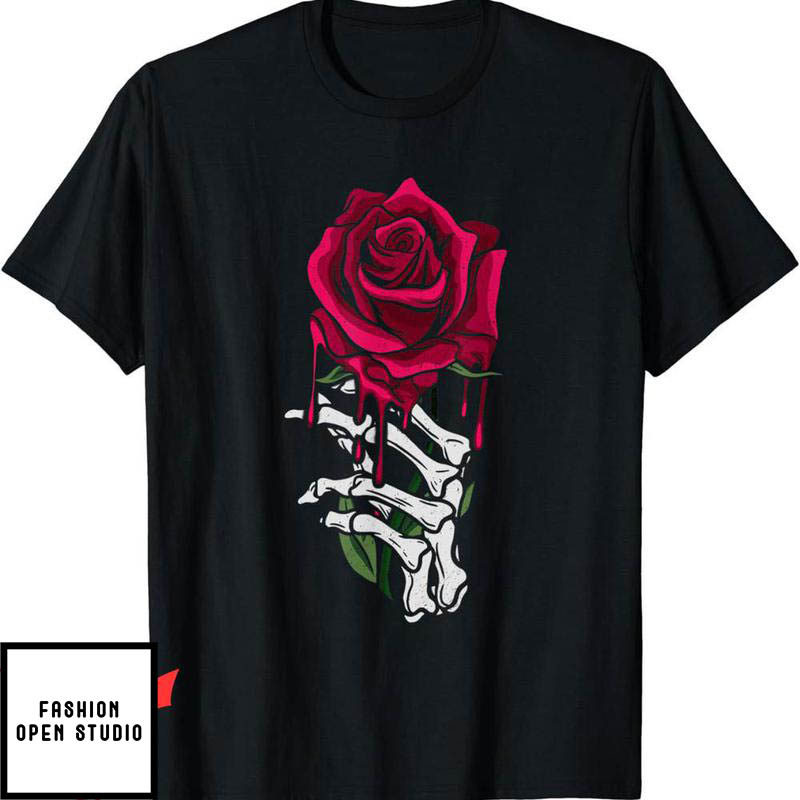 Blood Flower T-Shirt Skeleton Hand Bleeding Red Rose