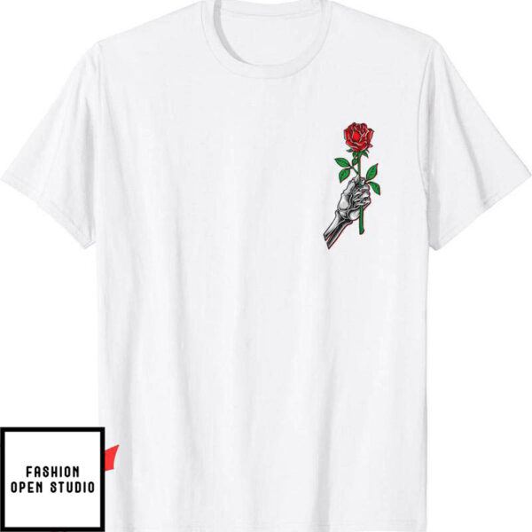 Blood Flower T-Shirt Skeleton Hand Holding Red Rose