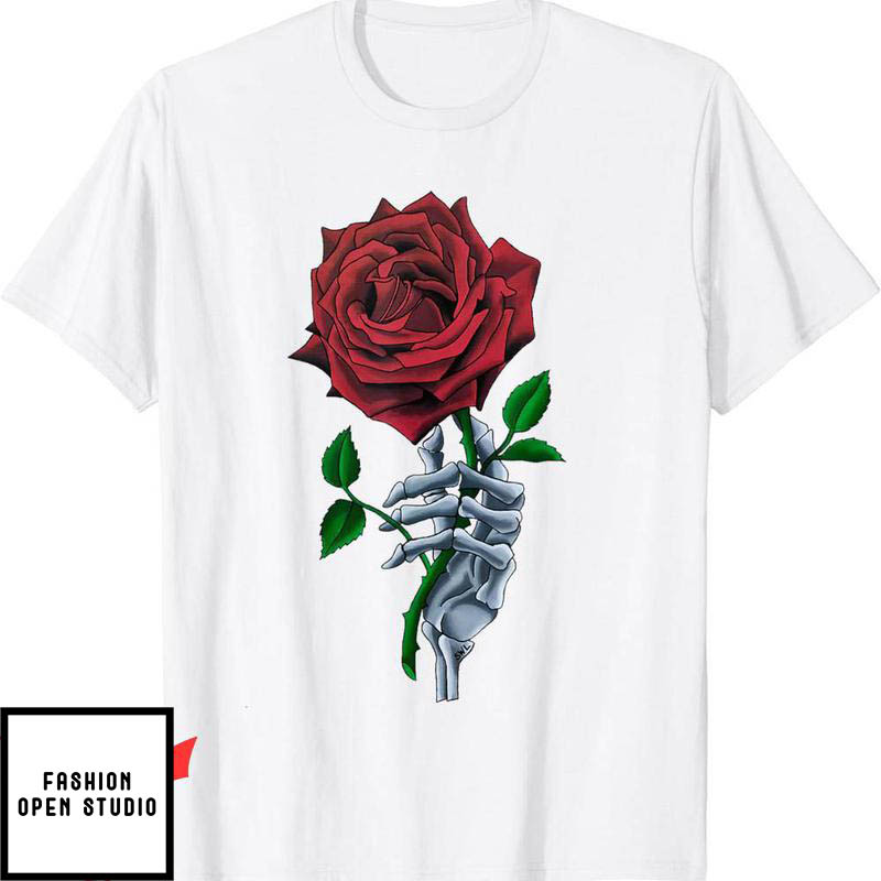 Blood Flower T-Shirt Skeleton Hand Red Rose Flower