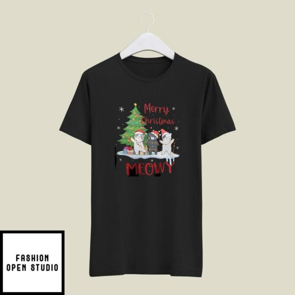 Cat Pushing Christmas Tree T-Shirt Merry Christmas Meowy