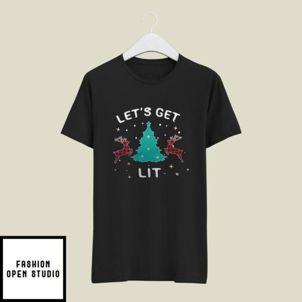 Let’s Get Lit Christmas T-Shirt Red Buffalo Plaid Reindeer