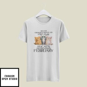 Never Underestimate An Old Lady Loves Cat And Born In February T-Shirt