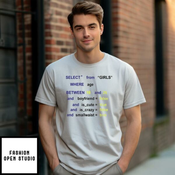 Funny SQL Enthusiasts Programmers Select From GIRLS Query T-Shirt