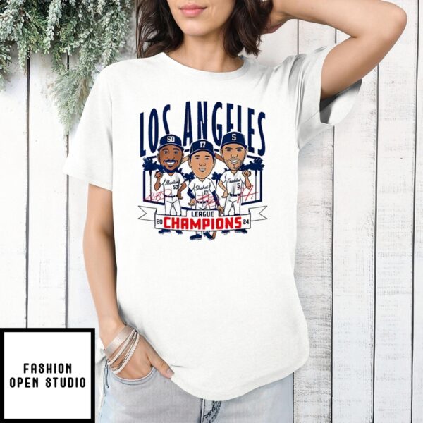 Los Angeles Dodgers Cartoon League Champions Caricatures Signature Mlb T-Shirt