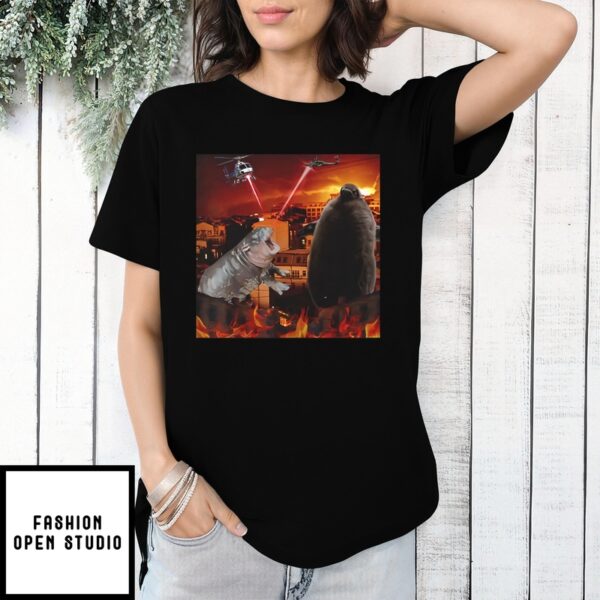 Moo Deng And Pesto Battle Destroy City Fire Scene T-Shirt