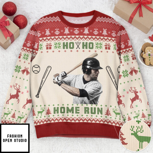 Baseball Ho Ho Home Run Personalized Photo Ugly Sweater