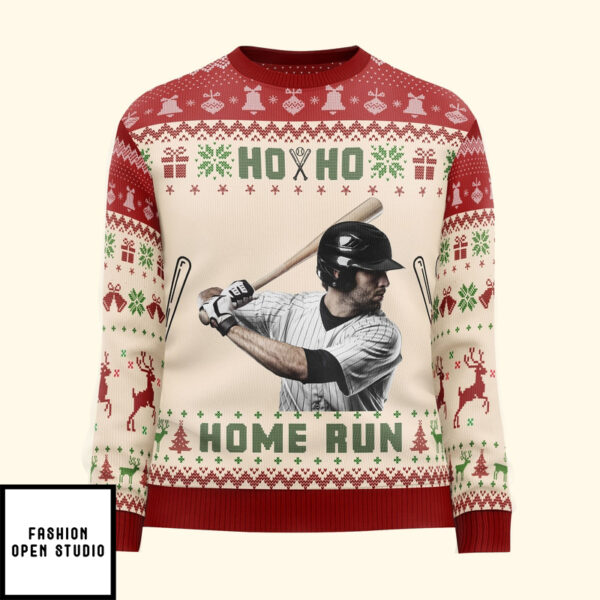 Baseball Ho Ho Home Run Personalized Photo Ugly Sweater