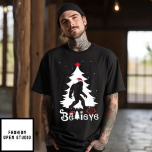 Bigfoot Pine Tree Believe Christmas 2024 T-Shirt