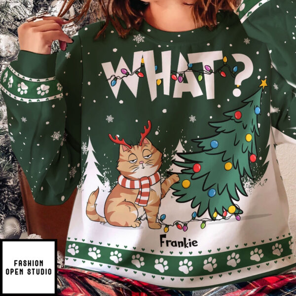 Cat What Christmas Tree Personalized Ugly Sweater