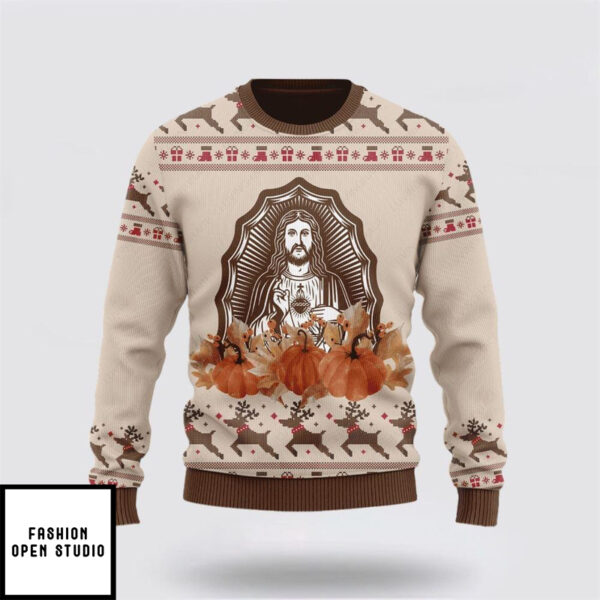 Christ God Pumpkin Maple Flower Ugly Christmas Sweater