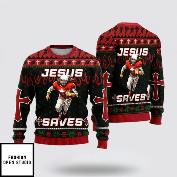 Cool Jesus American Football Team Red Ugly Christmas Sweater