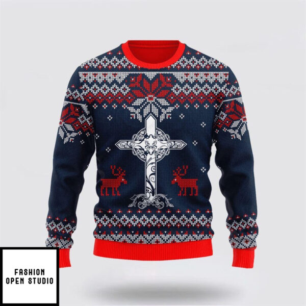 Dark Blue Christian Cross Reindeer Ugly Christmas Sweater