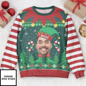 Elf Christmas Funny Face Family Name Personalized Photo Ugly Sweater