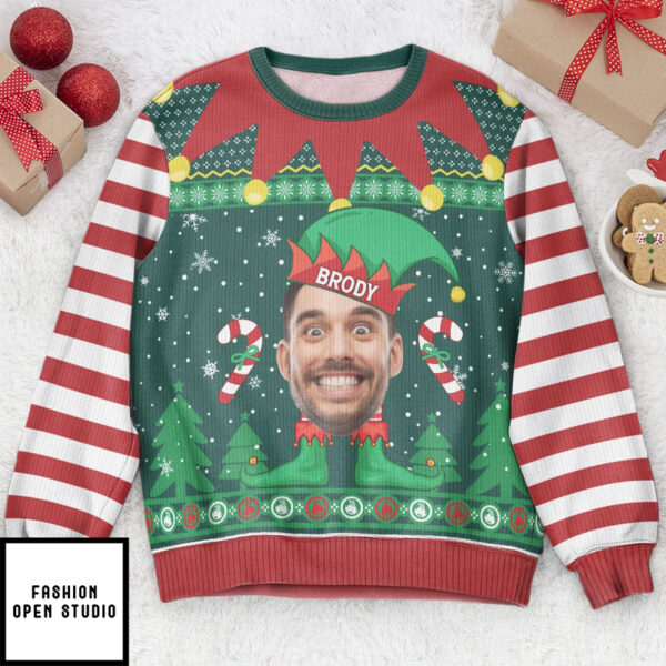 Elf Christmas Funny Face Family Name Personalized Photo Ugly Sweater