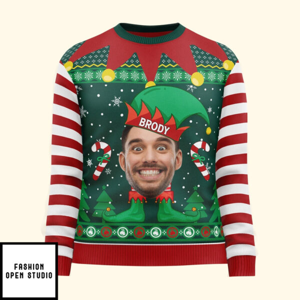 Elf Christmas Funny Face Family Name Personalized Photo Ugly Sweater