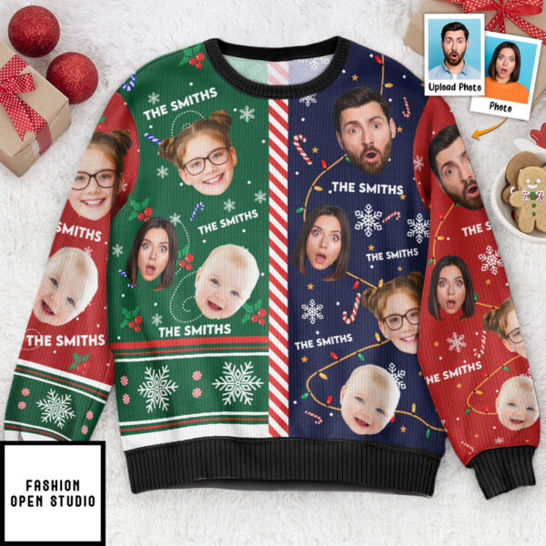 Family Candy Cane Christmas Personalized Photo Ugly Sweater