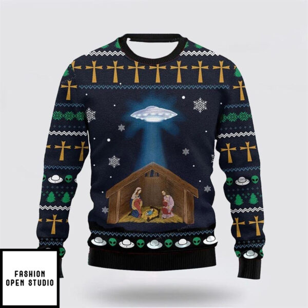 Fun Spaceship Jesus Print Ugly Christmas Sweater