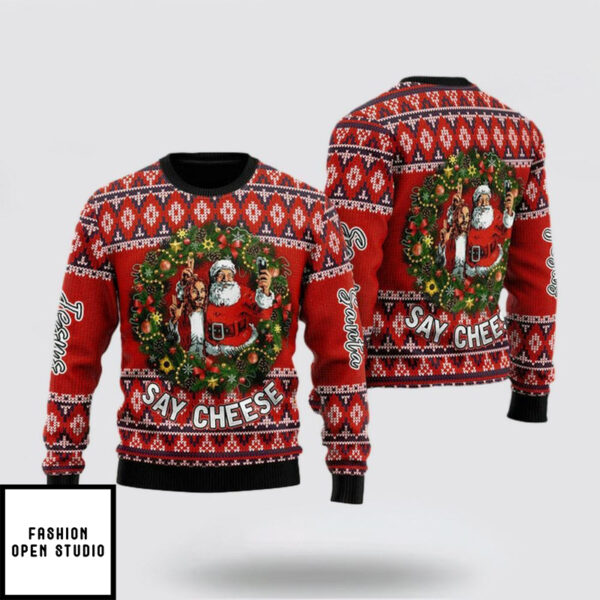 Funny Jesus And Funny Santa Say Cheese Ugly Christmas Sweater