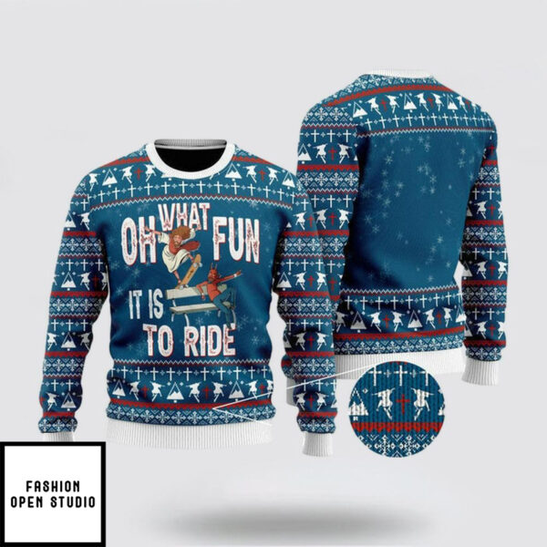 Funny Jesus Ride Skateboarding With Satan Ugly Christmas Sweater