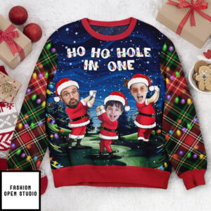 Ho Ho Hole In One Santa Golfer Personalized Photo Ugly Sweater