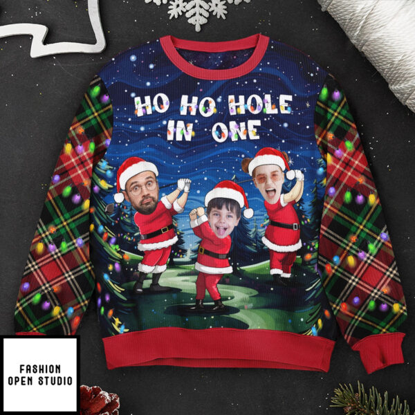 Ho Ho Hole In One Santa Golfer Personalized Photo Ugly Sweater