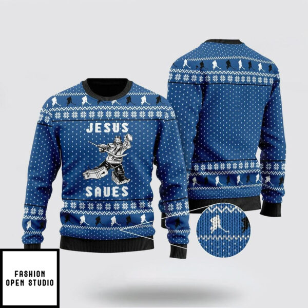 Hockey Jesus Saves Christmas Ugly Christmas Sweater