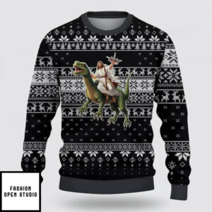 Jesus Riding A Dinosaur Picture Ugly Christmas Sweater