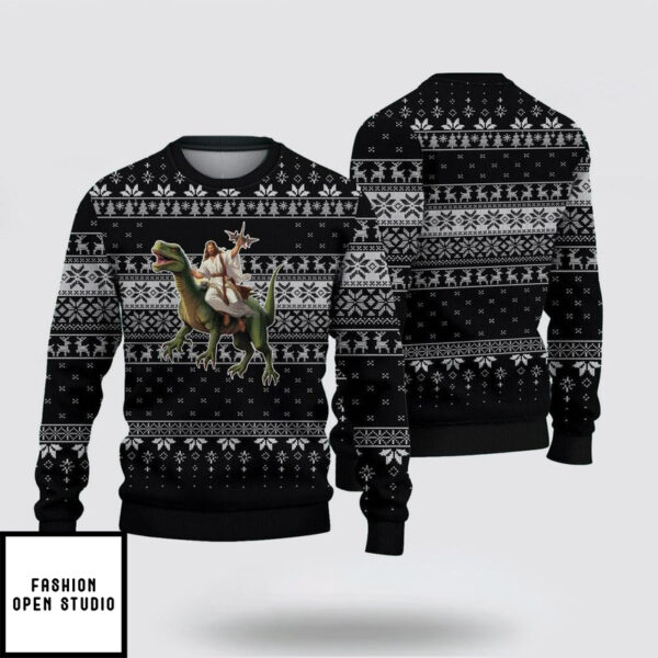 Jesus Riding A Dinosaur Picture Ugly Christmas Sweater