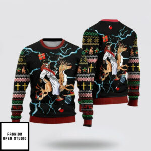 Jesus Riding Reindeer Black Ugly Christmas Sweater