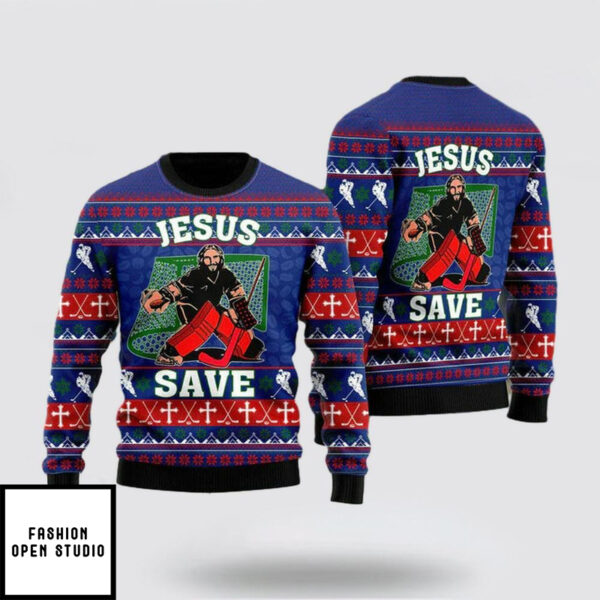 Jesus Saves Hockey Ugly Christmas Sweatshirt