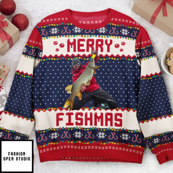 Merry Fishmas Gift For Fishing Lovers Personalized Photo Ugly Sweater