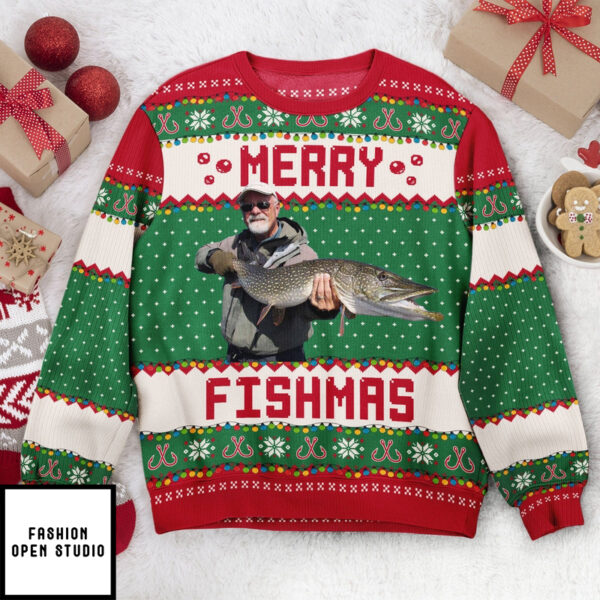 Merry Fishmas Gift For Fishing Lovers Personalized Photo Ugly Sweater