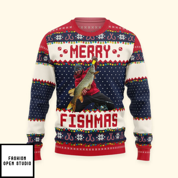 Merry Fishmas Gift For Fishing Lovers Personalized Photo Ugly Sweater