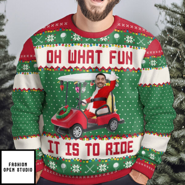 Oh What Fun It Is To Ride Golfing Christmas Team Personalized Photo Ugly Sweater