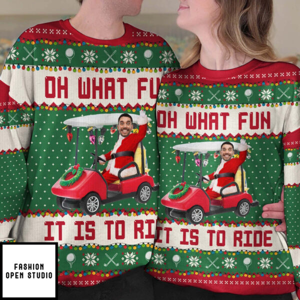 Oh What Fun It Is To Ride Golfing Christmas Team Personalized Photo Ugly Sweater