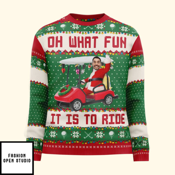 Oh What Fun It Is To Ride Golfing Christmas Team Personalized Photo Ugly Sweater