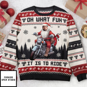 Oh What Fun It Is To Ride Santa Driving Motorcycles Personalized Photo Ugly Sweater