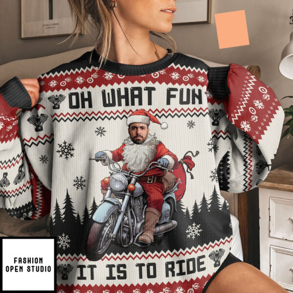 Oh What Fun It Is To Ride Santa Driving Motorcycles Personalized Photo Ugly Sweater