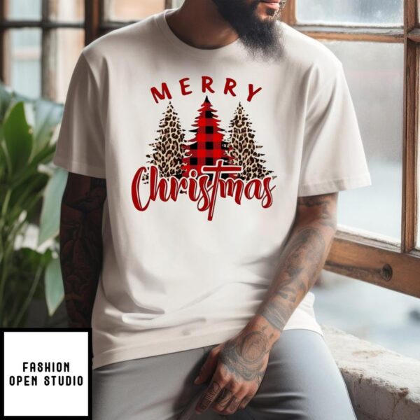 Pine Tree Leopard Merry Christmas 2024 T-Shirt