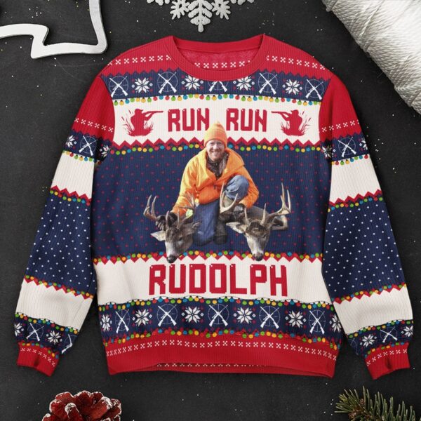 Run Run Rudolph Hunting Christmas Gifts Personalized Photo Ugly Sweater