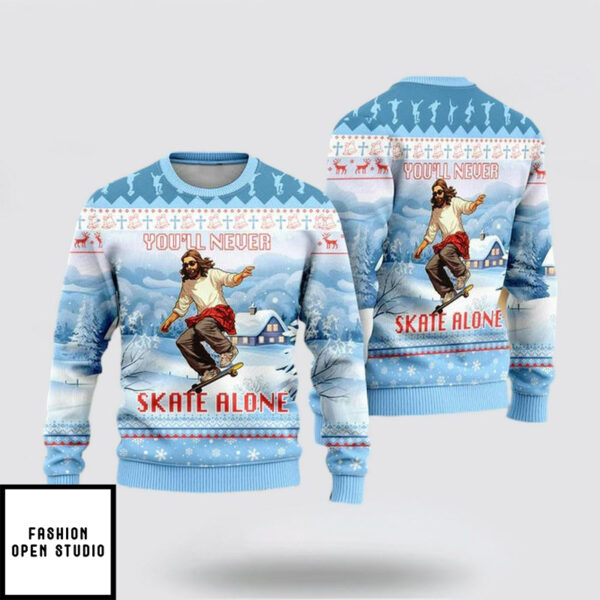 You’ll Never Skate Alone Funny Jesus Skateboarding Ugly Christmas Sweater