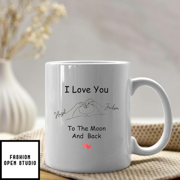 I Love You To The Moon And Back Custom Name Double Hand Doing Heart Valentine Day Mug