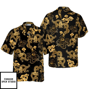 Black Gold Oriental Dragon Hawaiian Shirt