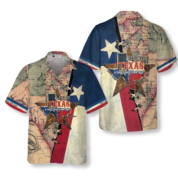 Made In Texas A Long, Long Time Ago Custom Hawaiian Shirt, State Of Texas Map Shirt, Texas Flag Shirt For Men