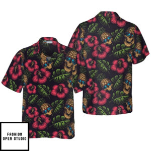Pineapple Skull Tropical Flowers Black Hawaiian Shirt
