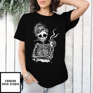 Drinking Coffee Pattern Women’S Oblique Shoulder Cross-Strap Decor Cuff Tight Casual T-Shirt