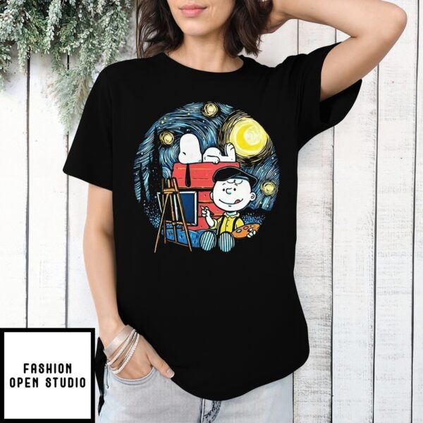Charlie Brown Vincent Van Gogh Painting A Starry Night With Snoopy Painting The Night T-Shirt